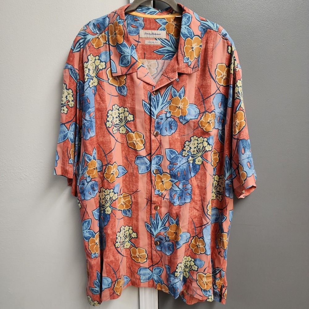 Tommy Bahama Silk Shirt 3XL Hawaiian Floral Camp Mens Aloha Orange Blue Flowers